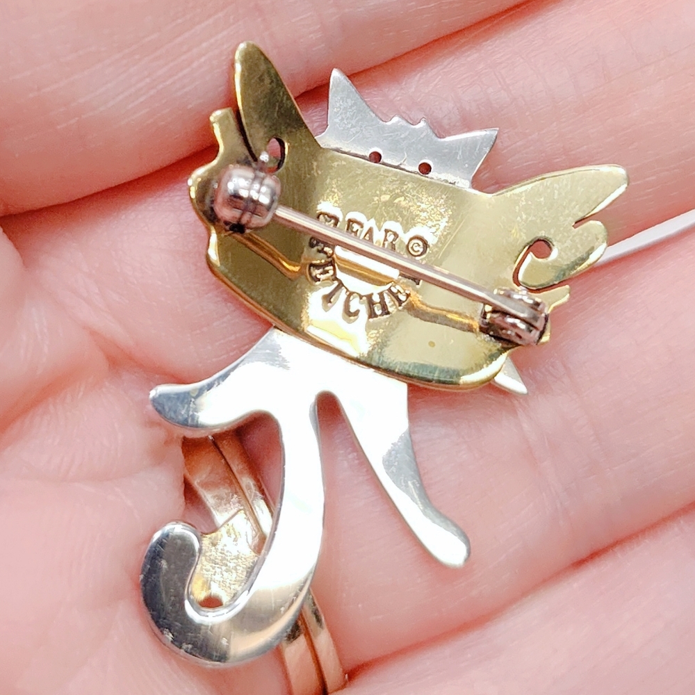 Vintage Far Fetched Sterling Silver Brass Guardian Angel Happy Cat Brooch Pin - Picture 5 of 6